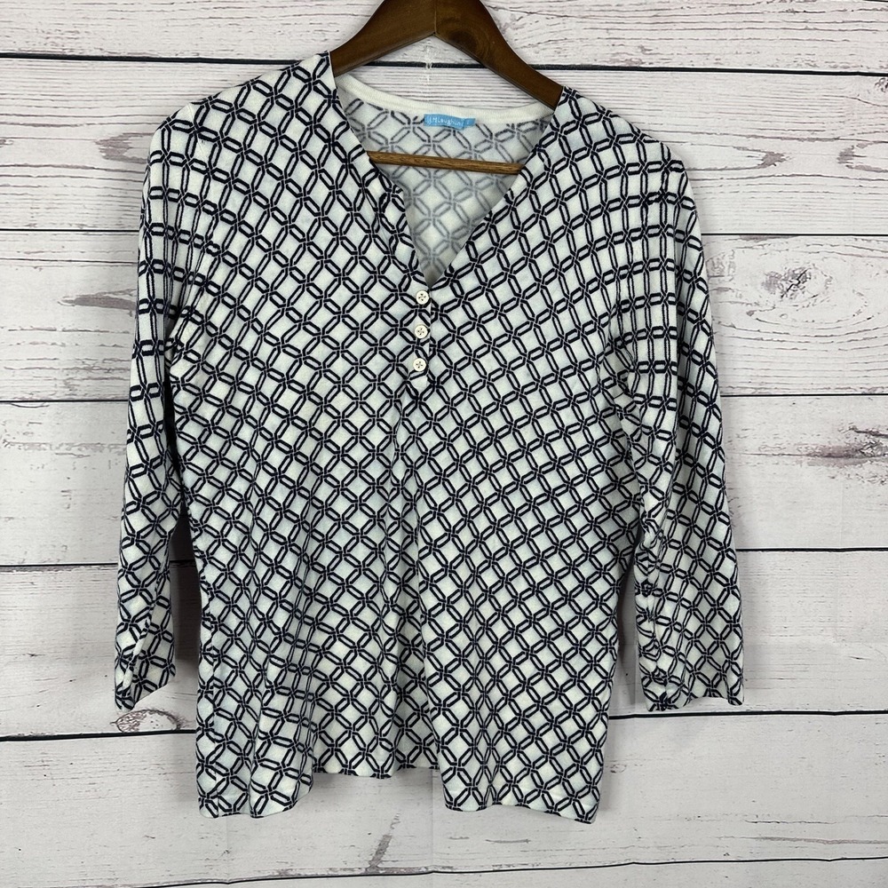 J Mclaughlin Sweater Womens Large White Black Cardigan Button‎ Knit Stretch